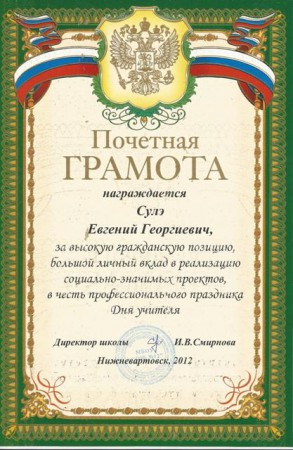 Грамота за высокую гражданскую позицию, большой личный вклад в реализацию социально-значимых проектов